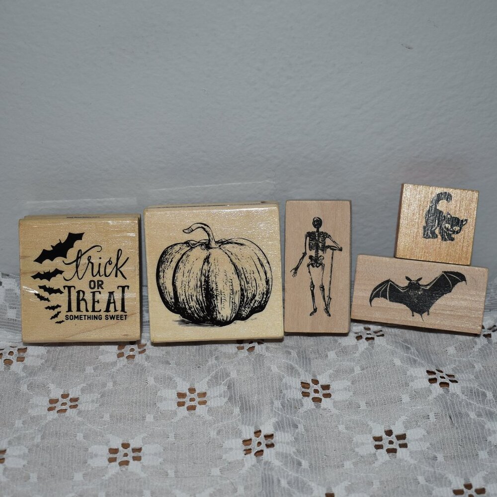 Spooky Fall Halloween Wood Rubber Stamps lot -black cat skeleton bat pumpkin